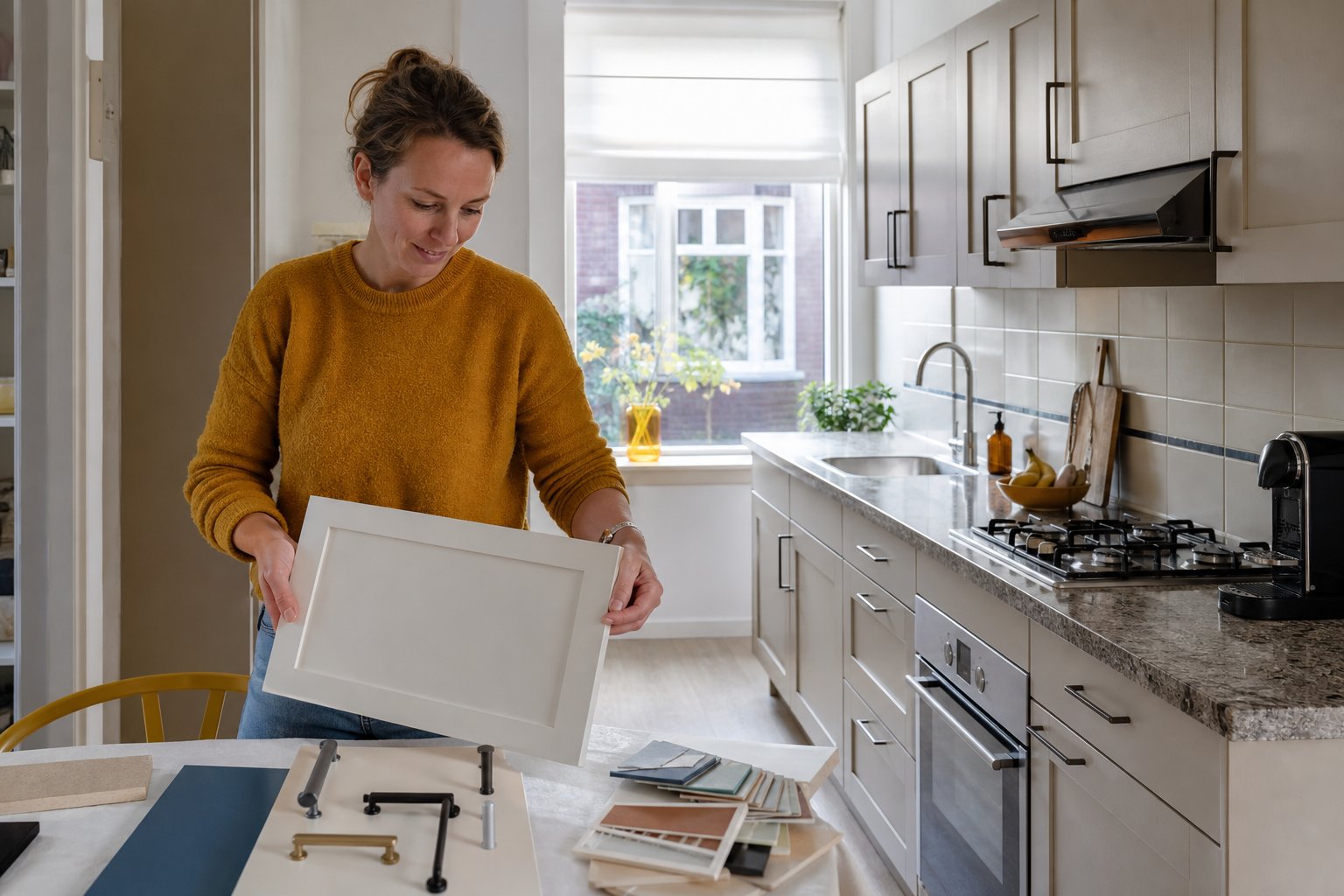 Bewoner vergelijkt een nieuw kastfront en grepen in haar bestaande keuken