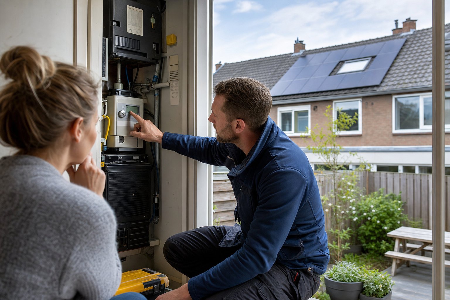 Installateur bespreekt de meterkast met een bewoner terwijl zonnepanelen buiten zichtbaar zijn